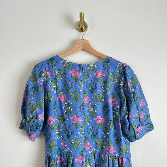 Loft Floral Print Scoop Neck Puff Sleeve Mini Dress Blue 6 - Picture 8 of 10